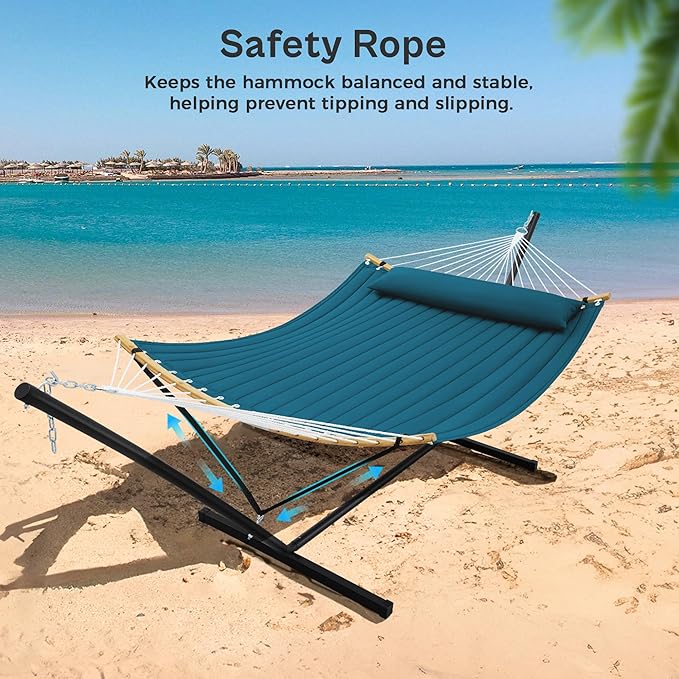 SUPERJARE Curved-Bar Hammock with Stand, 2 Person Heavy Duty Hammock Frame, Detachable Pillow & Portable Carrying Bag, Perfect for Outdoor & Indoor, Peacock Blue