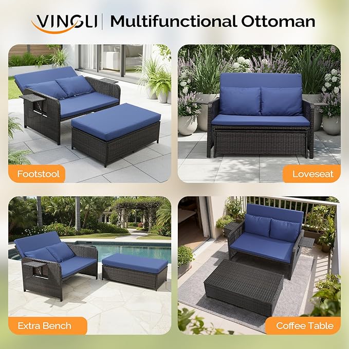 VINGLI Patio Daybed, Wicker Outdoor Daybed with Storage Ottoman & 5-Level Adjustable Backrest, All-Weather Rattan Cushioned Patio Loveseat Sofa for Garden Balcony Backyard (Navy, Brown)