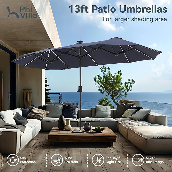 PHI VILLA 13ft Patio Umbrella with Solar-Powered 120 PCS LED Color-Changing Lights, Triple-Head Large Rectangle Umbrella Outdoor Patio for Table with Crank Lift,Navy Blue(No Base)