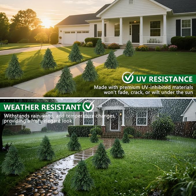 Artificial Cypress Topiary Cedar Trees with Ground Spike, 2 Pieces Fake Pine Shrubs Bushes, UV Resistant Faux Evergreen Tree Plants for Indoor Outdoor Planters Front Porch