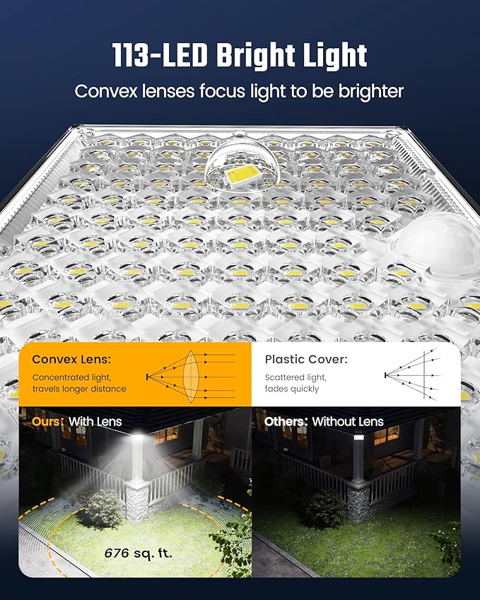 SUPERDANNY Solar Outside Lights with 113 Bright LEDs 7000K, Motion Sensor Outdoor Flood Lights Dusk to Dawn with 16ft Cable IP65 Waterproof, Security Light for Garden Barn Porch 3 Pack