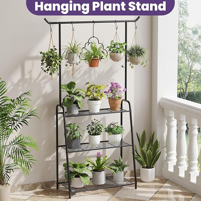 Metal Plant Stand Indoor Outdoor, 3 Tier Tall Corner Plant Shelf, Hanging Flower Ladder for Living Room, Balcony, Garden, Patio (Black)