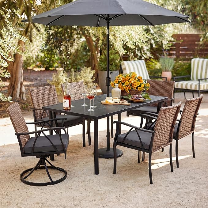 7-Piece Patio Dining Set for 6, Outdoor Dining Set with Wicker Swivel Patio Dining Chairs with Cushions & Black Rectangular Woodgrain Dining Table with 1.75”Umbrella Hole, Black & Brown