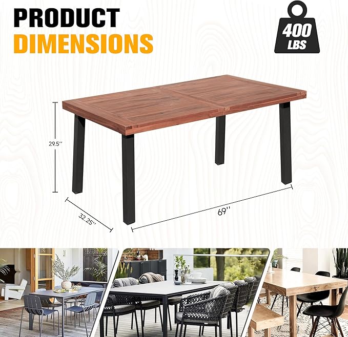 Flamaker Dining Table for 6 FSC Acacia Wood Indoor Outdoor Home Kitchen Table with Iron Legs Large Rectangular Patio Table for Deck, Sunroom (Walnut)