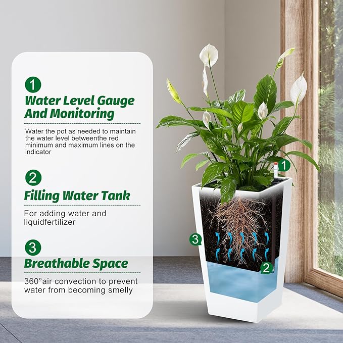 Garvee 16" Tall Planters Set of 4, Outdoor＆Indoor Black Planter Pots, High Front Porch Planter Pots with Drainage Holes＆Water Level Monitor＆Inner Bucket, White