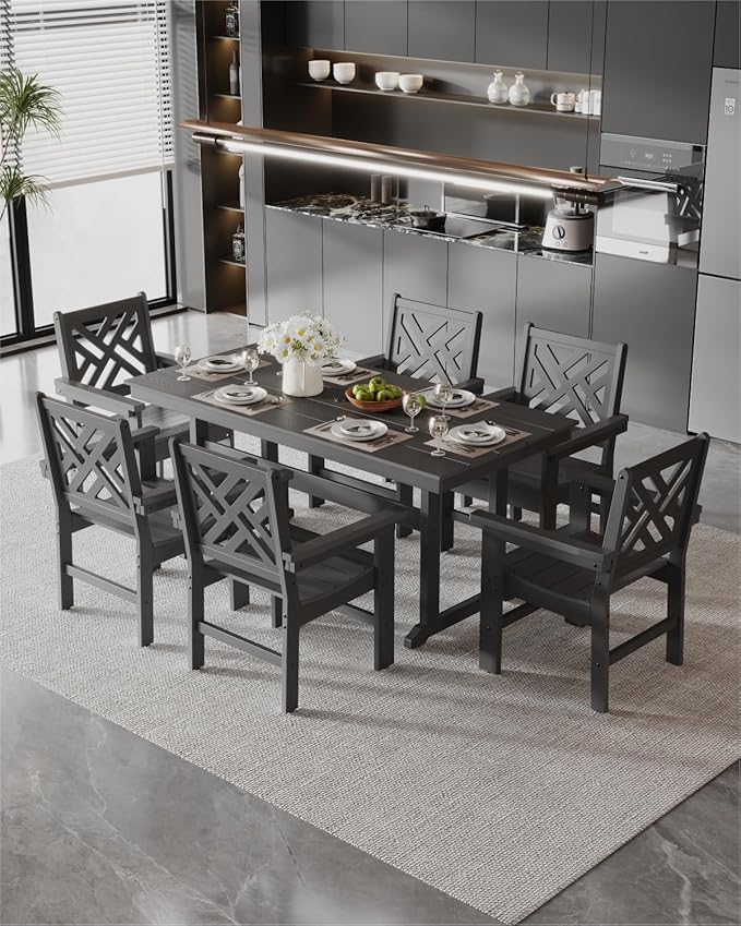 7-Piece Outdoor Dining Set, HDPE All-Weather Patio Table and Chairs Set for 6, Outdoor Patio Furniture Sets with Umbrella Hole for Outside, Deck, Backyard, Garden (Black)