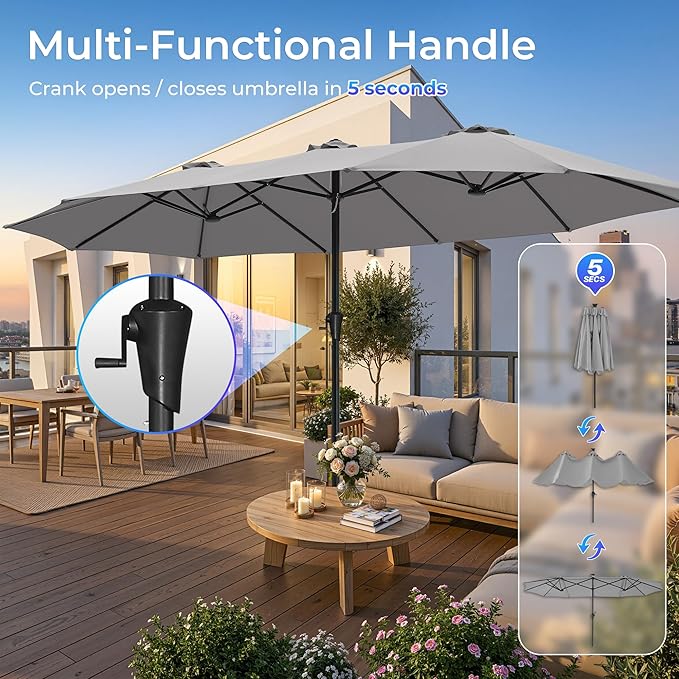 SUPERJARE 15FT Outdoor Umbrella for Patio, Double sided Pool Umbrellas with Fade Resistant Canopy, Large Table Umbrella for Deck, Market, Backyard - Gray