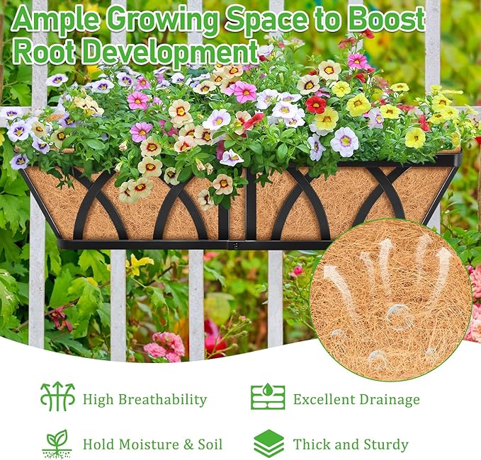 Riare 2 Pack 24 Inch Metal Railing Planter Window Box with Coco Liner- Adjustable Window Flower Boxes for Railings, Hanging Rail Planters for Deck, Balcony, Porch, Fence, Indoor Outdoor Plants