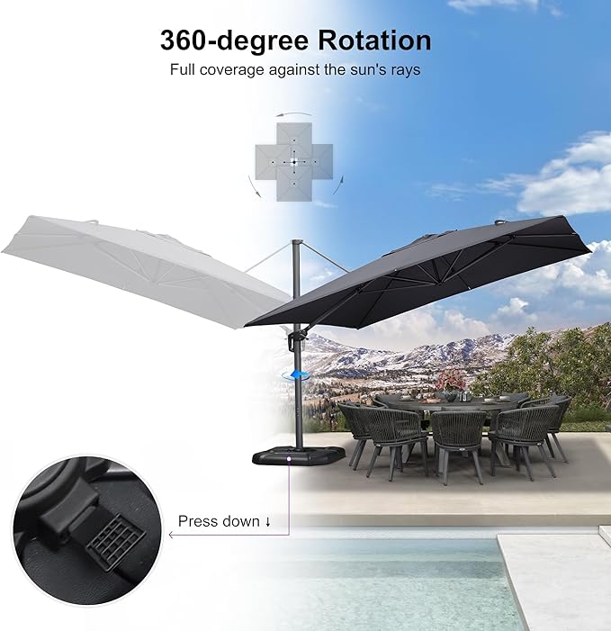 PURPLE LEAF 11.5' X 11.5' Telescopic Patio Umbrella with Base Included Lifting Cantilever Offset Square Large Umbrella for Pool Outdoor Patio Deck Garden Grey