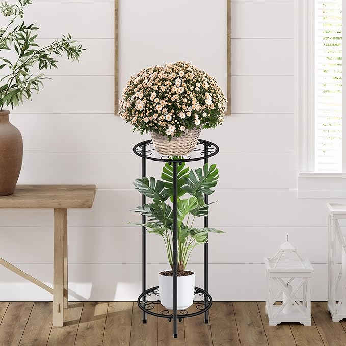 CASIMR Plant Stand Indoor Outdoor, Metal Rustproof Flower Shelf 2 Tier 23.9 inch, Tall Multiple Plant Pot Holder Rack for Garden Patio Living Room Corner Balcony, 2 Pack Black