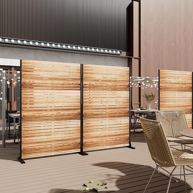Casaphoria Metal Privacy Screen Outdoor, 72" H x 47" W Freestanding Decorative Privacy Screen for Patio Deck Balcony Garden with Stable Base,Wood Color
