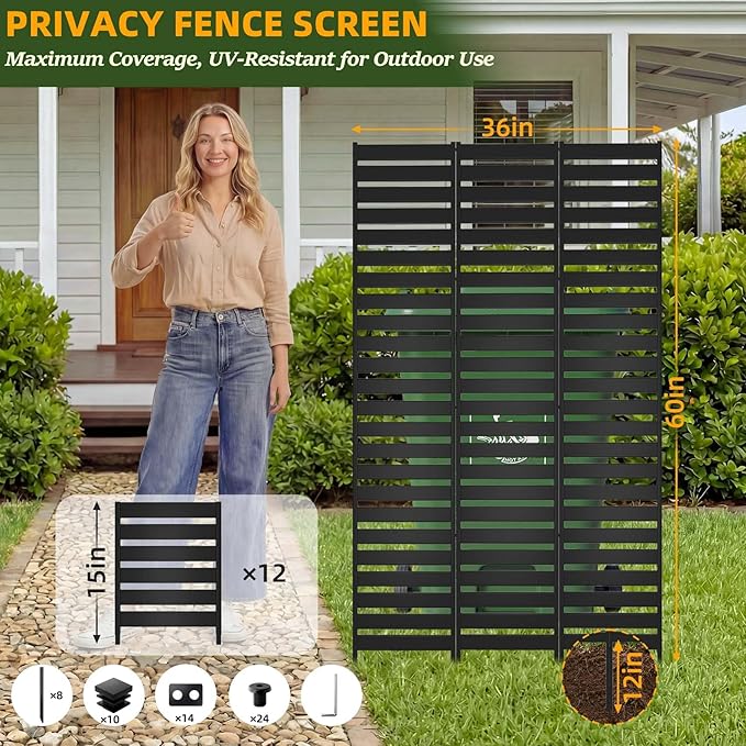 Metal Privacy Screen Outdoor - 60" H X 36" W Freestanding Privacy Fence Panels with Stakes - Decorative Garden Air Conditioner Trash Can Pool Equipment Enclosure for Backyard Patio Wall