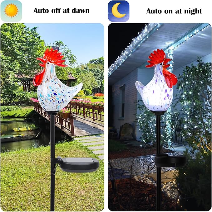 Afirst Decorative Solar Lights Outdoor Solar Rooster Stake Lights Hand Blown Glass Decorative Garden Pathway Lights Outdoor Waterproof Glass Stakes