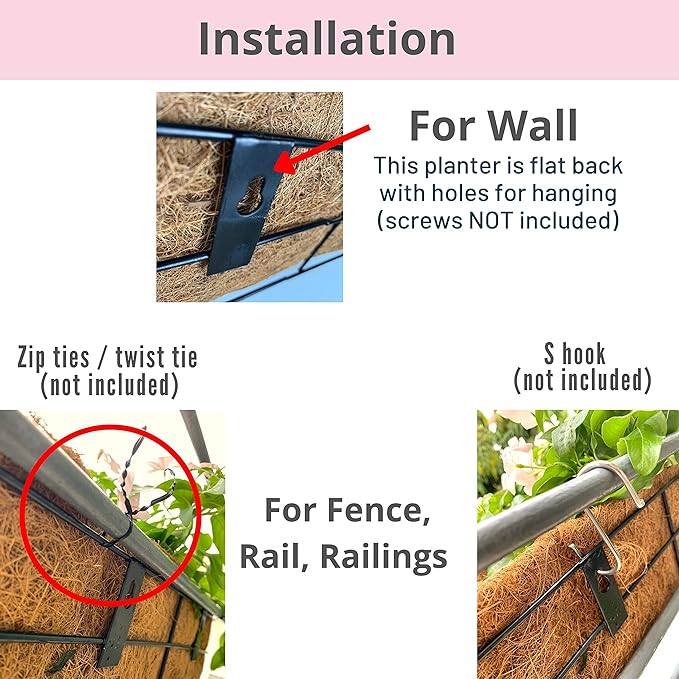LaLaGreen Wall Mounted Planters - 16 Inch, 4 Pack Window Flower Boxes Basket Outdoor, Balcony Planter Over The Rail, Deck Railing Hanging with Coco Liners, Metal Horse Troughs Fence Patio Porch