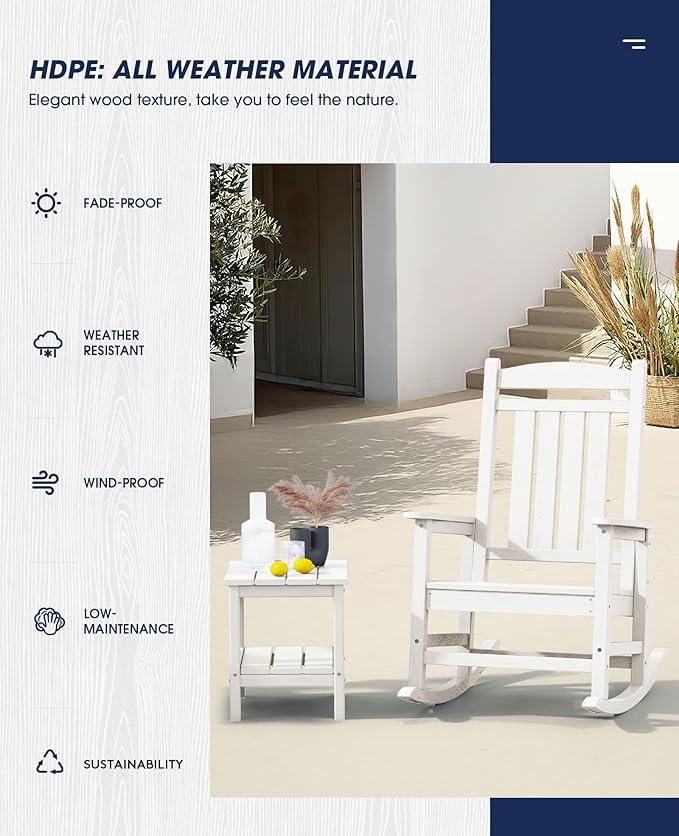 KINGYES HDPE Outdoor Rocking Chair, Widened Seat Patio Rocking Chair, Oversized All Weather Patio Rocker, White
