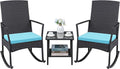 Greesum 3 Pieces Patio Furniture Set Outdoor Wicker Rocking Chairs with Glass Coffee Table for Garden Backyard Porch Poolside, Blue