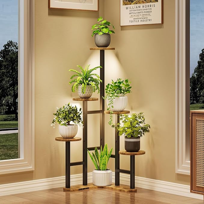 Corner Plant Stand Indoor with Grow Lights, 6 Tiered Corner Plant Shelf Flower Stand for Multiple Plants, Plant Shelves Organizer Rack for Living Room, Balcony, Patio, Round Rustic Brown
