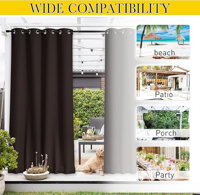 NICETOWN 2 Panels Outdoor Curtains for Patio Waterproof & Windproof, Extra Wide Grommet & Back Tab on Top & Bottom Thermal Insulated Sun Blocking Drapes with Rope for Deck, Toffee Brown, W100 x L95