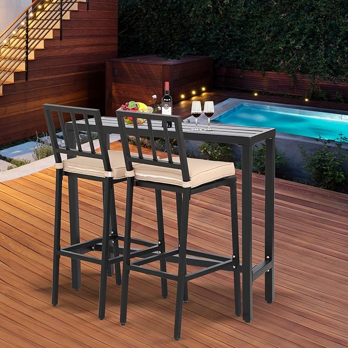 Outdoor Bar Table, Patio Console Pub Height Tables with Powder Coated Steel Frame, Weather Resistant Waterproof Top for Hot Tub, Balcony, Garden, Yard, Poolside (Black, 47" Narrow Bar Table)