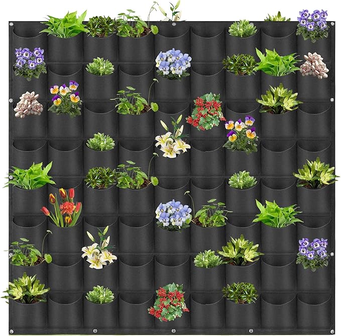 Hanging Planting Grow Bags, 72 Pockets Hanging Vertical Wall Planter Wall Mounted Grow Bag Outdoor Indoor Gardening Vertical Greening Flower Container, Planting Bags Storage Bags(1.0 m × 1.0 m, Black)