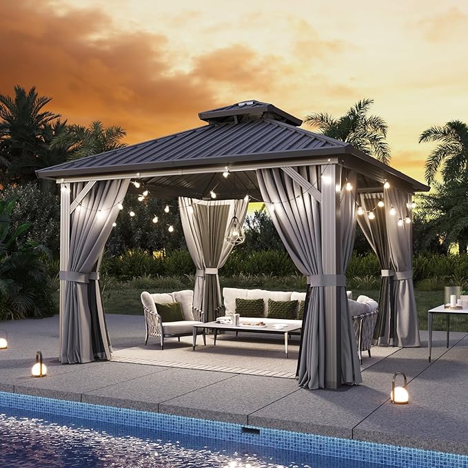 Aoxun 12'x12' Hardtop Gazebo, Aluminum Frame Canopy with Double Galvanized Steel Roof, Outdoor Metal Pavilion with Netting, Curtains for Backyard, Patio and Deck