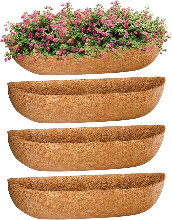 ZeeDix 24 Inch Trough Coconut Liners for Planters (4-Pack) - 100% Natural Coconut Coir Fiber Planter Liners Replacement for Window Boxes, Wall Baskets, Deck Flower Boxes, Garden Railing Fence Troughs