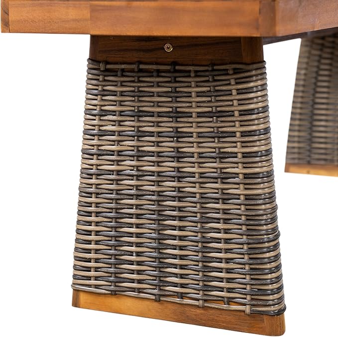 Christopher Knight Home Pasco Acacia Wood Outdoor Dining Table Set for 6, Wicker Patio Dining Set with Acacia Wood Table and Bench, Patio Table and Chair Set with Cushion+Rope Backrest, Teak+Grey