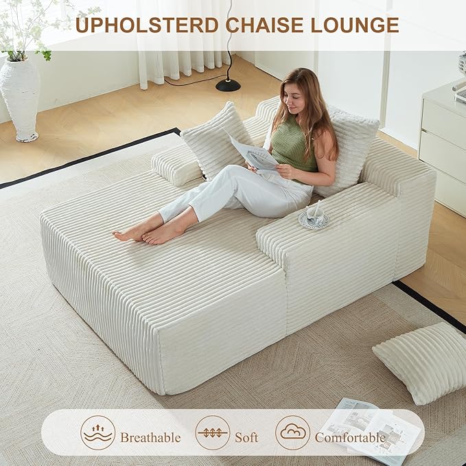 67 Inch Chaise Lounge Chair Indoor, Oversized Upholstered Boneless Sofa Bed, Corduroy Deep Seat Sleeper Couch Reading Chairs, Comfy Cloud Sofas Couches for Living Room, No Assembly Required (Beige)