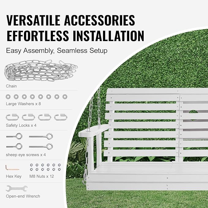 VEVOR Wooden Porch Swing 5 ft, Patio Bench Swing for Courtyard & Garden, Upgraded 880 lbs Strong Load Capacity, Heavy Duty Swing Chair Bench with Hanging Chains for Outdoors, White