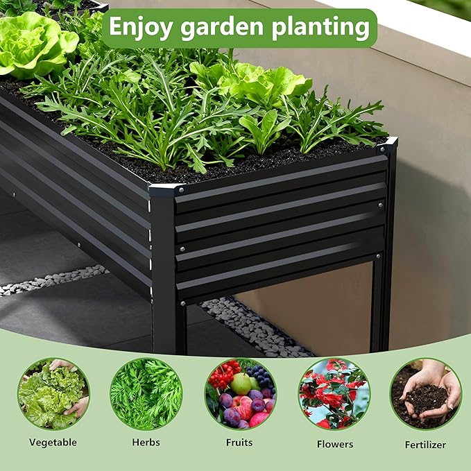 48×24×30in Galvanized Raised Garden Bed,Metal Elevated Planter Box with Legs for Patio,Balcony,Backyard,300lb Capacity,Black