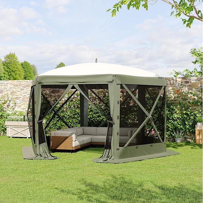 11.5x11.5FT 6-Sided Pop Up Gazebo Tent，One-Push Setup Canopy Tent with Mesh Panels & Removable Wind Cloths, Outdoor shelter for Camping, Backyard Parties, Outdoor Events - Army Green