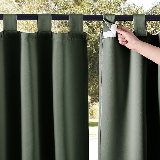 NICETOWN 2 Panels Greyish Green Outdoor Curtainss for Patio Waterproof, Detachable Sticky Tab Top Blackout Indoor Outdoor Blinds Heat & Cold Blocking Privacy for Gazebo/Porch, W52 x L84