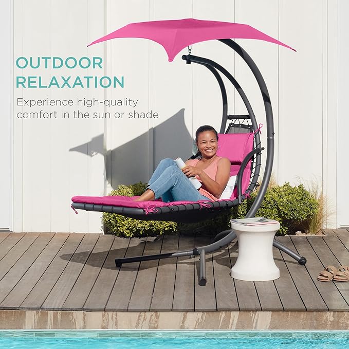 Best Choice Products Outdoor Hanging Curved Steel Chaise Lounge Chair Swing w/Built-in Pillow and Removable Canopy - Pink