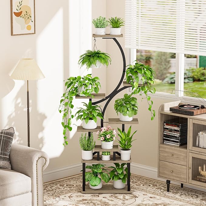 Plant Stand Indoor with Grow Lights - 62" Tall Plant Shelf, Lighted Corner Plant Stands for Indoor Growing, 8 Tiered Large Flower Holder, S-Shaped Decorative Rack for Living Room, Patent Design, Grey
