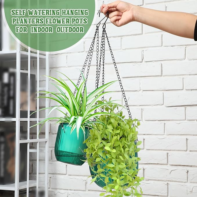 Maxcheck 4 Pcs Self Watering Hanging Planters Indoor Gift 6.5'' 4.5'' Hanging Flower Pots Baskets Outdoor Self Watering Plant with 3hooks Drainage Holes for Home(Emerald)