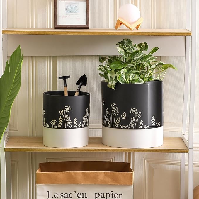 Nihow Self Watering Plant Pot: 8 Inch Ceramic Planter with Drainage Hole & Water Storage Plus for Indoor & Outdoor Plants - Cylinder Round Flower Pot for Succulent/Herbs/Violets - Black