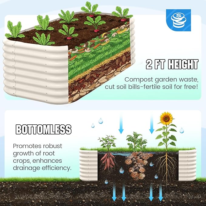 Quictent Galvanized Raised Garden Bed Kit, 6x3x2 ft Oval Metal Planter Box Tall for Vegetables Outdoor Backyard, Strengthened by Crossbar, Beige