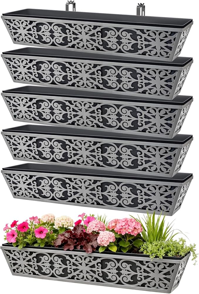 6 Pack 30 Inch Window Boxes Planter for Outdoor Plants Deck Railing Planters Box with Adjustable Brackets for Porch Fence Balcony Hanging Flower Baskets with Non-Woven Fabric Liner for Garden Décor