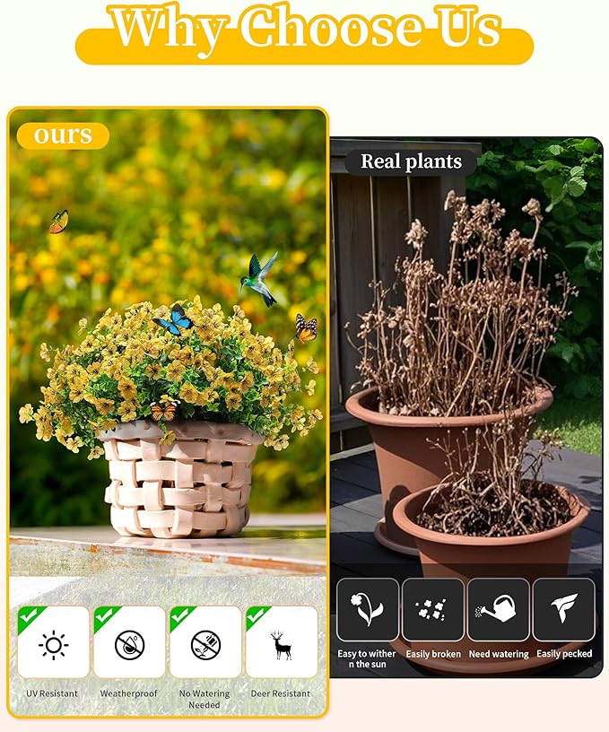 JAKY-Global Artificial Flowers for Outdoors Faux Outside Plants Spring Summer Decorations 16 Bundles UV Resistant Silk Daisy Fake Eucalyptus Realistic Yard Porch Patio Window Planter Box Decor-Yellow
