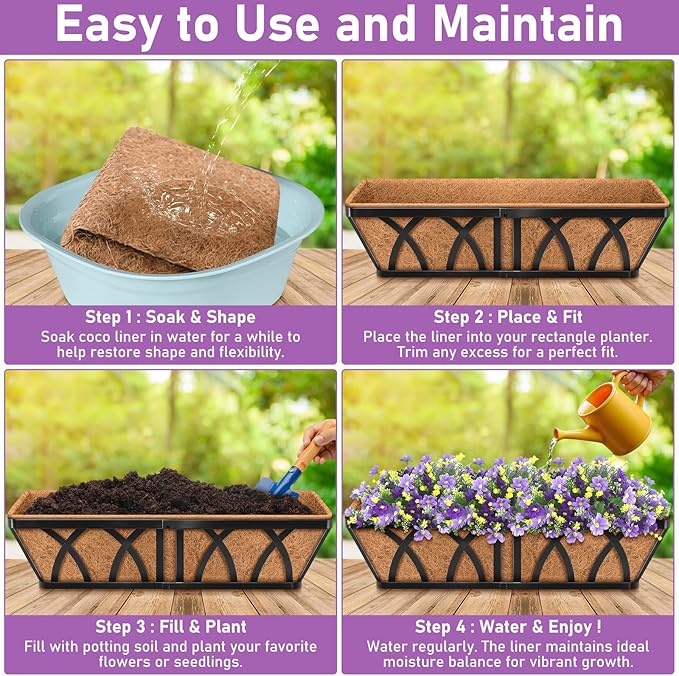 Riare 4 Pack 30 Inch Rectangle Coconut Liners for Planters, Natural Coconut Fiber Planter Liners, Window Box Liner Trough Coco Liner for Outdoor Flower, Garden Wall, Deck & Fence Planter Boxes
