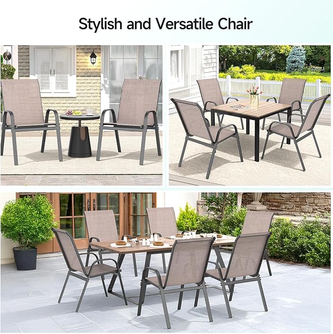 Patio Chairs Set of 4, Easily Set Up Stackable Outdoor Dining Chairs with High Back and Wide Seat, All Weather Breathable Outdoor Chairs Set of 4 with Metal Frame for Backyard Deck Pool, Brown
