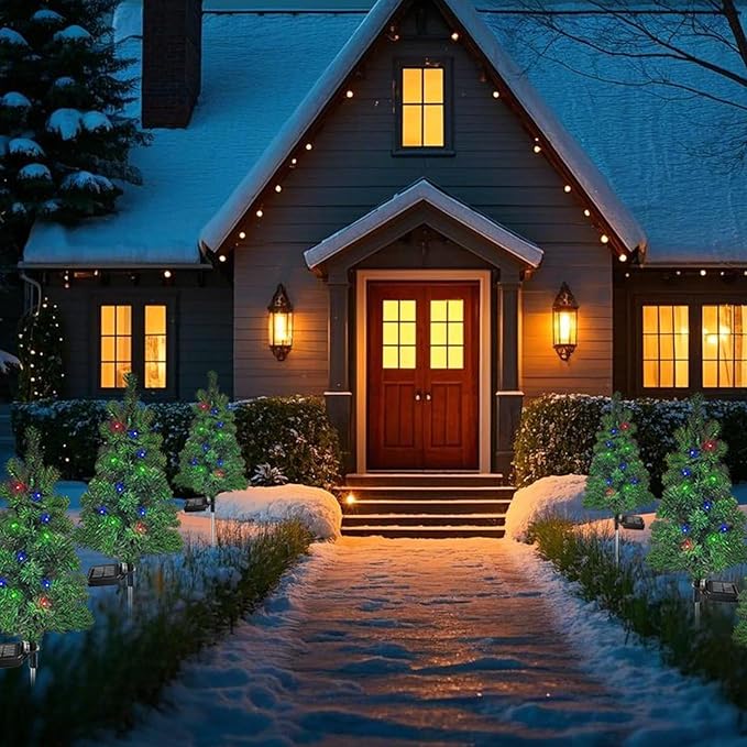 4PCS Solar Christmas Tree Garden Stake Lights Outdoor Waterproof Pathway Lights Xmas Tree Light for Lawn Patio Yard Front Porch Christmas Decor