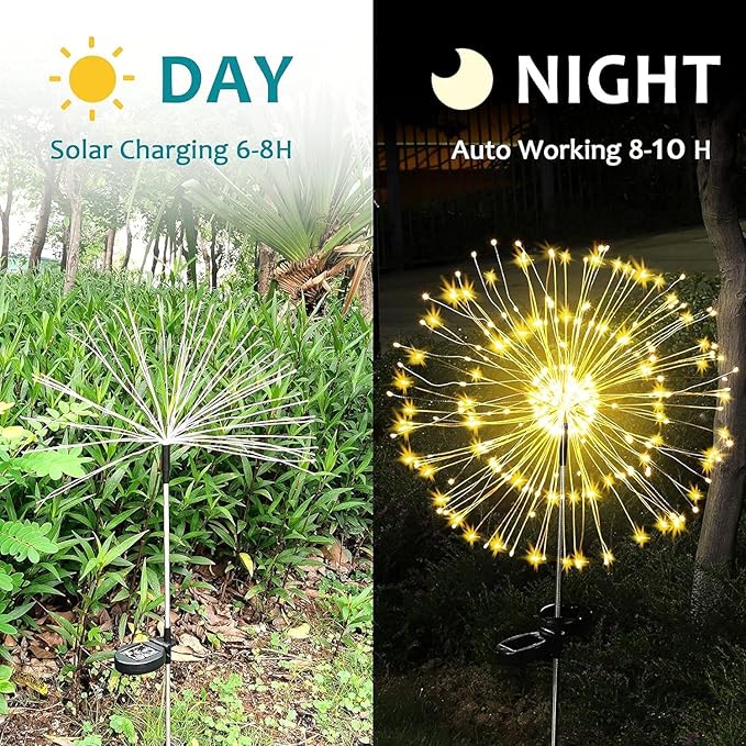 JJGoo Solar Firework Lights, 4 Pack 120 LEDs 2 Lighting Modes Solar Garden Lights Outdoor Waterproof for Yard Patio Walkway Pathway Party Wedding Christmas Decorative - Warm White