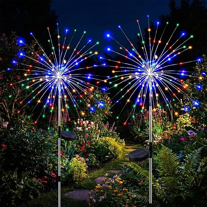 2 Pack Solar Firework Lights Outdoor - Verified 200 LED & 8 Modes - Starburst Solar Powered Garden Lights, Reinforced Durable Stakes, Waterproof Pathway Walkway Lights for Yard Patio Decor