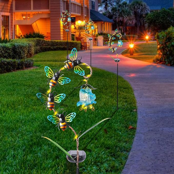 Bshine Solar Flower Outdoor Waterproof Bee Lights, Valentine's Day Garden Decorative Metal Stake Bee Hanging Flower, Yard Decorations Outdoor Patio, Courtyard, Pathway and Lawn Ornaments