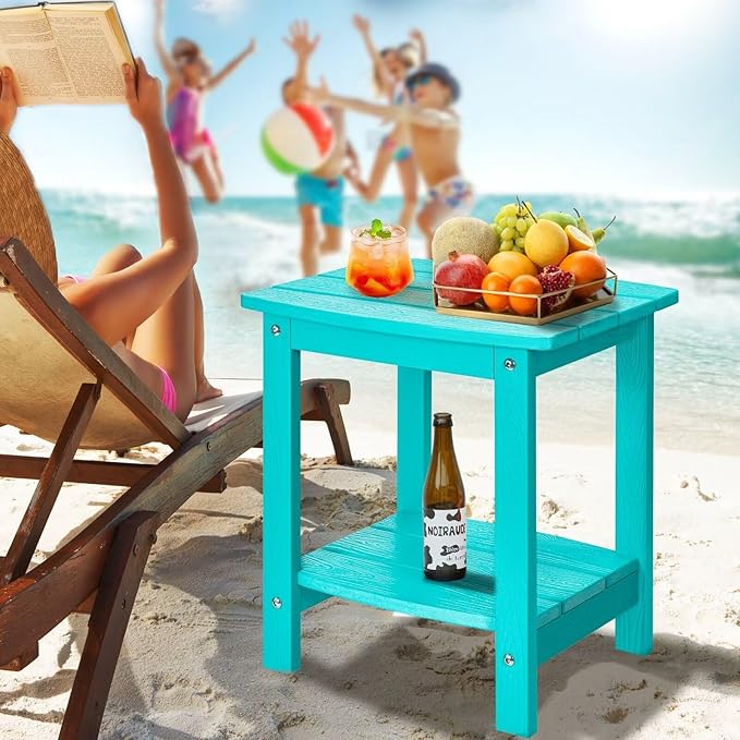 Y&M Outdoor Side Table, HIPS Adirondack Small Double Layer Table, Waterproof Square Balcony Modern End Tables for Patio, Pool, Beach, Porch, Deck, Indoor or Outdoor Use, Aruba Blue