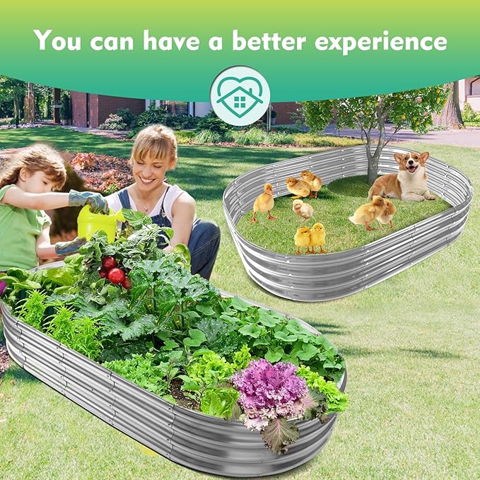 6X3X1 FT Oval Galvanized Metal Garden Raised Bed/Plant Box for Planting,36 Inches Diameter Iron Fire Pit Ring,Small Animal Fence-3 in 1 Modular Design in Black (Silver, 72X36X11.5 Inches)