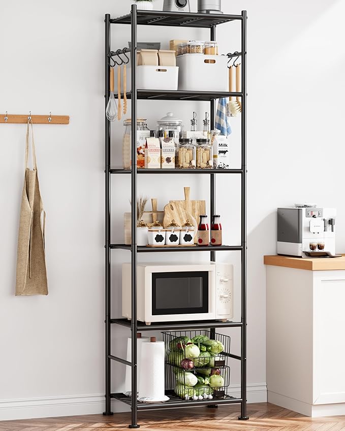 Storage Shelves - 6-Tier Large Capacity Shelf Organizer with Hooks, Heavy-Duty Garage Shelving with Leveling Feet, Wobble-Free Rack for Bedroom, Balcony, Garage, 18.1"×12.4"×70.1", Black