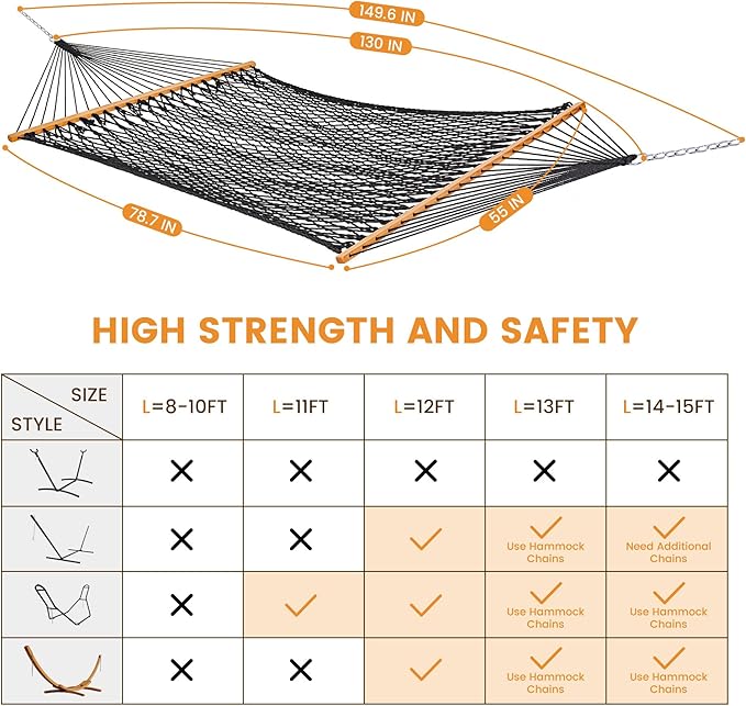 Lazy Daze Hammocks Double Rope Hammock, 2 Person Traditional Outdoor Hand Woven Cotton Rope Hammock with Spreader Bar, Carabiners, Tree Straps, Chains for Patio Yard - Max 450 Lbs, Dark Grey