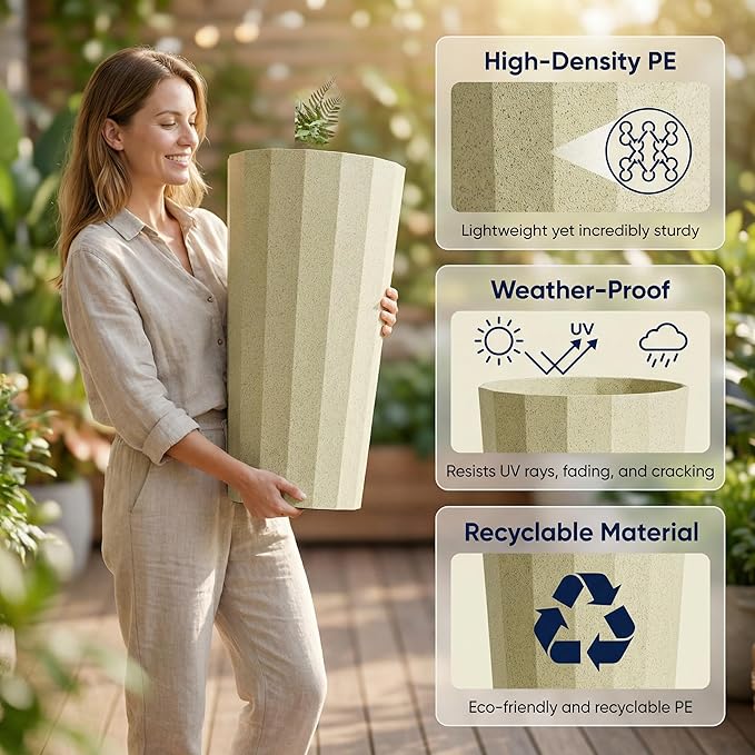 23.6" H Tall Planters for Outdoor Plants, 2 Pack Large Outdoor Planters for Porch Decor with Automatic Drainage Hole, Plastic Stripe Design Flower Pots Fits Indoor Plants Patio Garden, Black